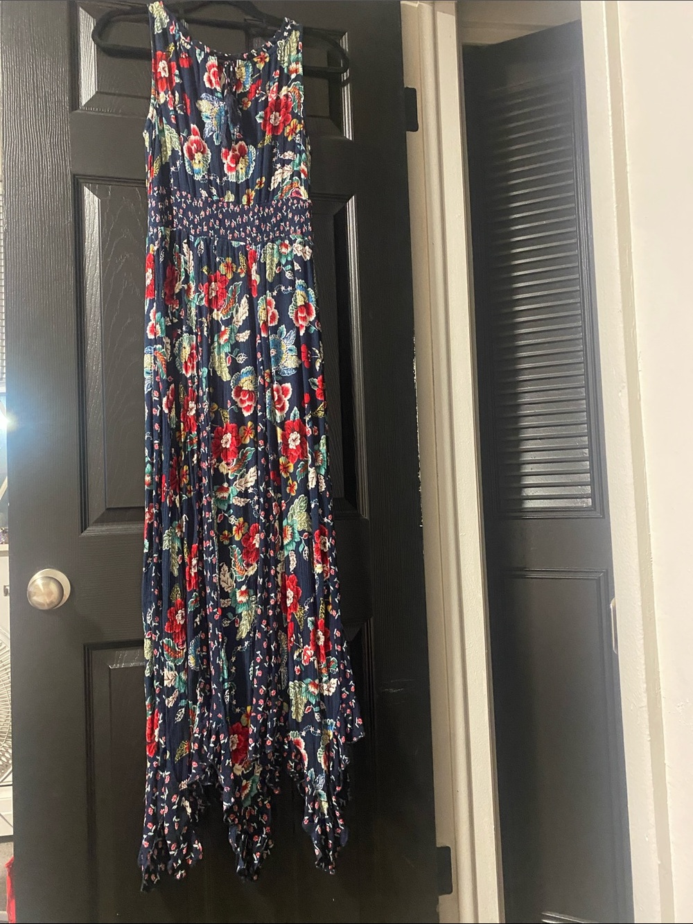 Bila Navy Maxi Handkerchief Hem Dress with Red & Teal Floral Print
